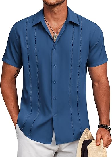 🔥Last day promotion🔥Men's Cuban Guayabera Shirt Short Sleeve V-Neck Button Down Casual Summer Beach Linen Top Fitted Breathable Soft Fabric