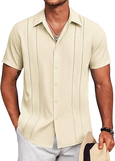 🔥Last day promotion🔥Men's Cuban Guayabera Shirt Short Sleeve V-Neck Button Down Casual Summer Beach Linen Top Fitted Breathable Soft Fabric