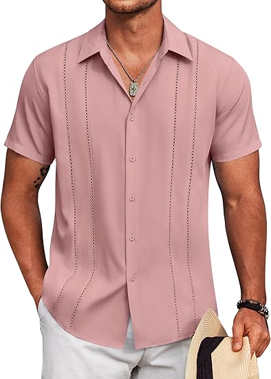 🔥Last day promotion🔥Men's Cuban Guayabera Shirt Short Sleeve V-Neck Button Down Casual Summer Beach Linen Top Fitted Breathable Soft Fabric