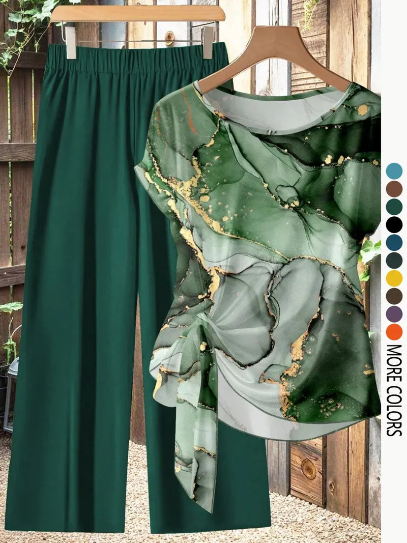 Women's Casual Printed Knot Shirt and Loose Straight Pants Set