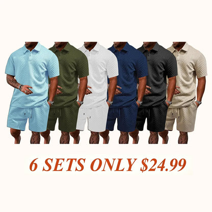 "🔥Last day promotion🔥Men's Solid Polo Shirt & Drawstring Waist Shorts Set, Cozy Breathable Two-piece"