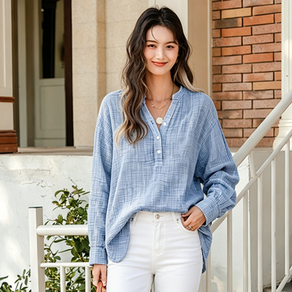 Limited time sale🔥Womens Casual Gauze Button Neck Long Sleeve Oversized BlousesTops