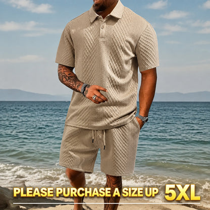 "🔥Last day promotion🔥Men's Solid Polo Shirt & Drawstring Waist Shorts Set, Cozy Breathable Two-piece"