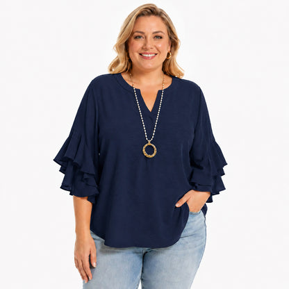 Women's Plus Size Ruffled Sleeve V-Neck Shirt Blouse Tops