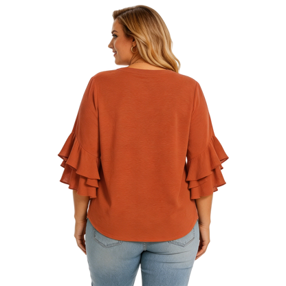 Women's Plus Size Ruffled Sleeve V-Neck Shirt Blouse Tops