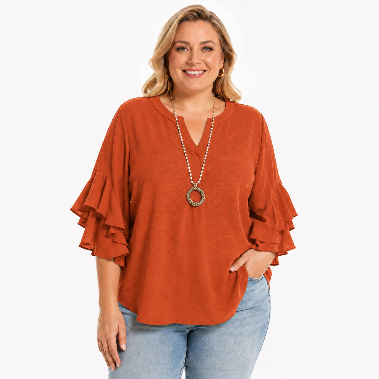 Women's Plus Size Ruffled Sleeve V-Neck Shirt Blouse Tops