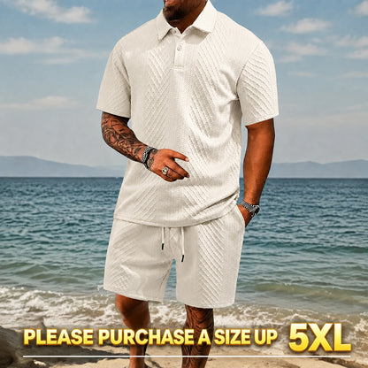 "🔥Last day promotion🔥Men's Solid Polo Shirt & Drawstring Waist Shorts Set, Cozy Breathable Two-piece"