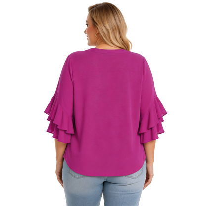 Women's Plus Size Ruffled Sleeve V-Neck Shirt Blouse Tops