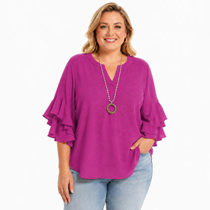 Women's Plus Size Ruffled Sleeve V-Neck Shirt Blouse Tops