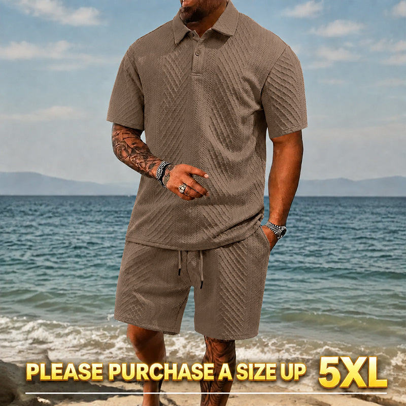 "🔥Last day promotion🔥Men's Solid Polo Shirt & Drawstring Waist Shorts Set, Cozy Breathable Two-piece"