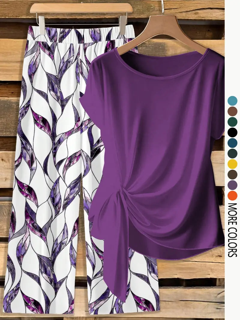 Women's Casual Printed Knot Shirt and Loose Straight Pants Set