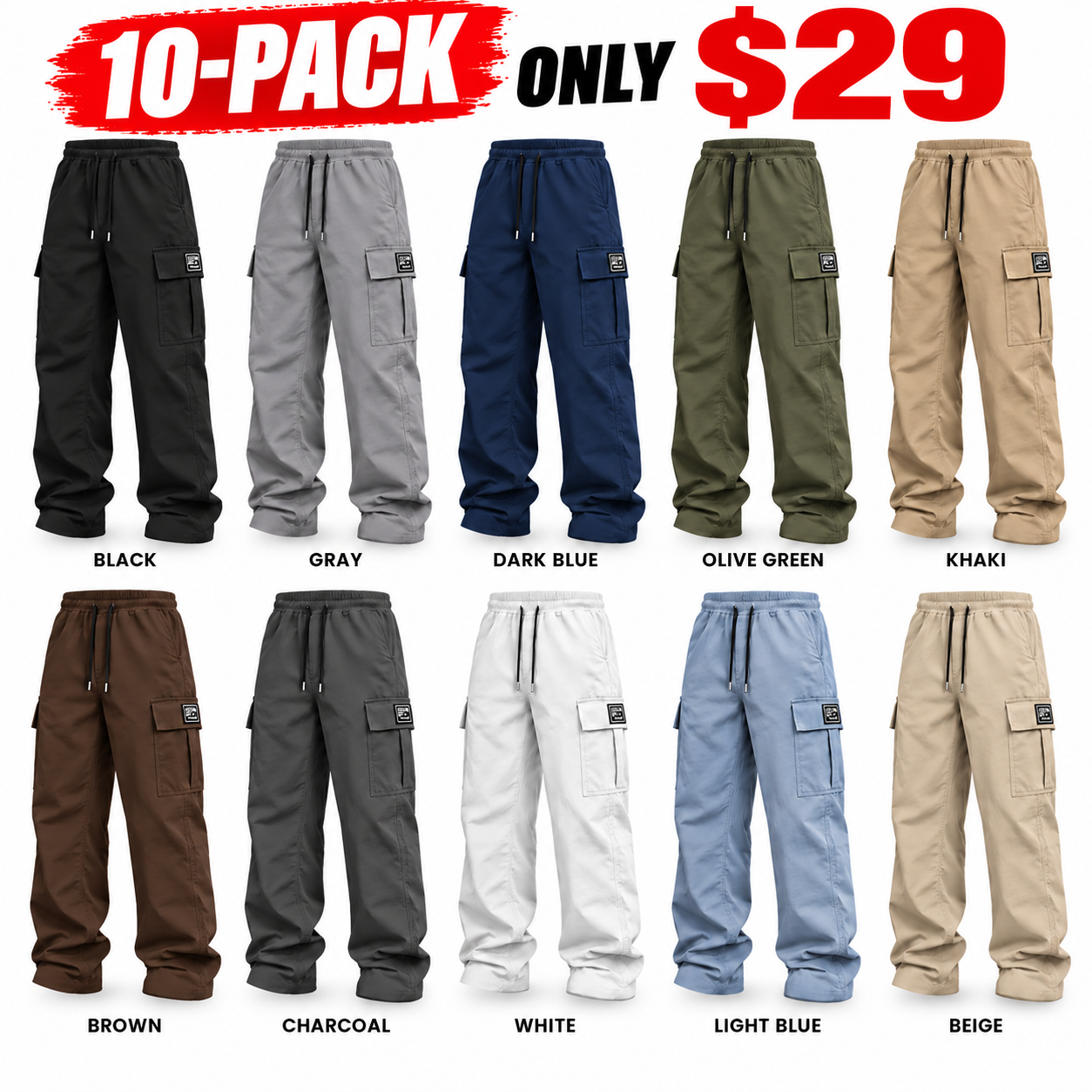 10-PACK ONLY $29-Black + Gray + Dark Blue + Olive Green + Khaki + Brown + Charcoal + White + Light Blue + Beige