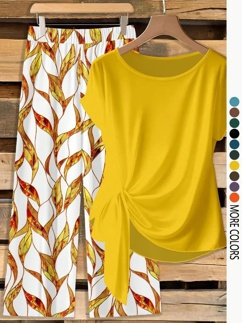 Women's Casual Printed Knot Shirt and Loose Straight Pants Set