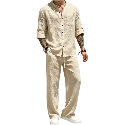 Men's Linen Stand Collar Long Sleeve Button Shirt & Straight Leg Belted Pants Set