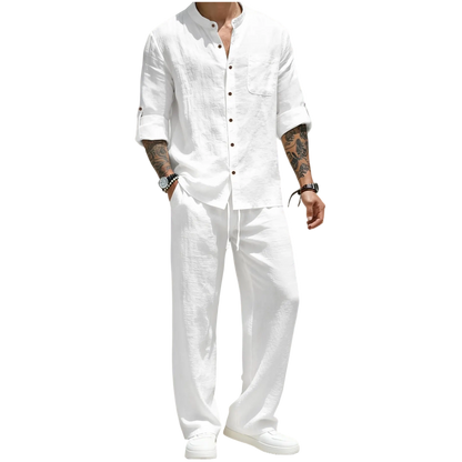 Men's Linen Stand Collar Long Sleeve Button Shirt & Straight Leg Belted Pants Set