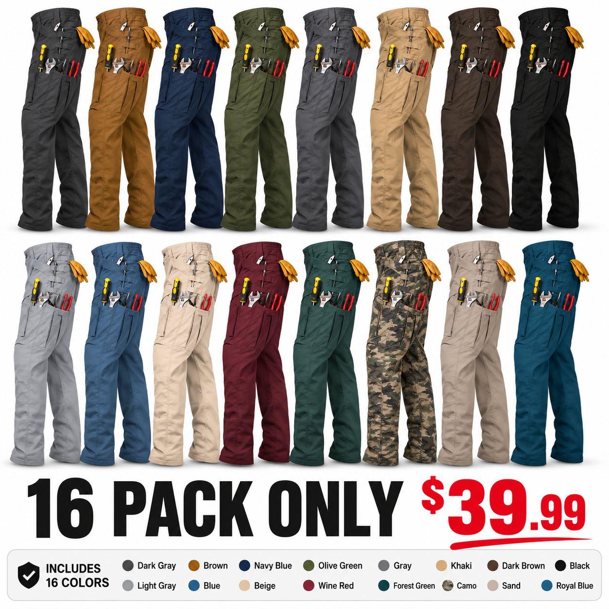 16 PACK Includes:Dark Gray + Brown + Navy Blue + Olive Green + Gray + Khaki + Dark Brown + Black + Light Gray + Blue + Beige + Wine Red + Forest Green + Camo + Sand + Royal Blue